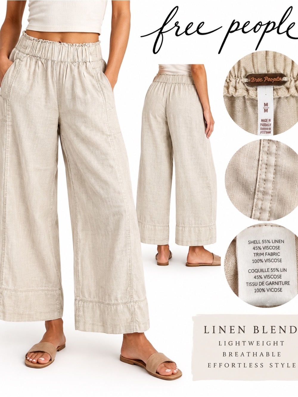 Free People Wide Leg Linen Blend Pants Women’s Medium Beige Elastic Waist